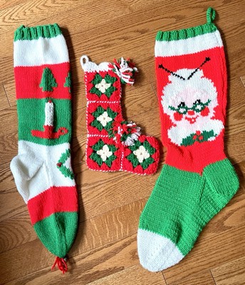 Retro MCM Handknit Christmas Stockings Granny Square, Mrs. Claus & Christmas