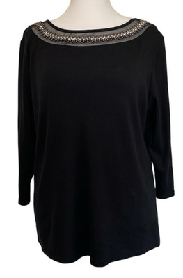 Rafaella Studio Women's Size 1X Top Beaded Neckline Black Shirt 100% Cotton