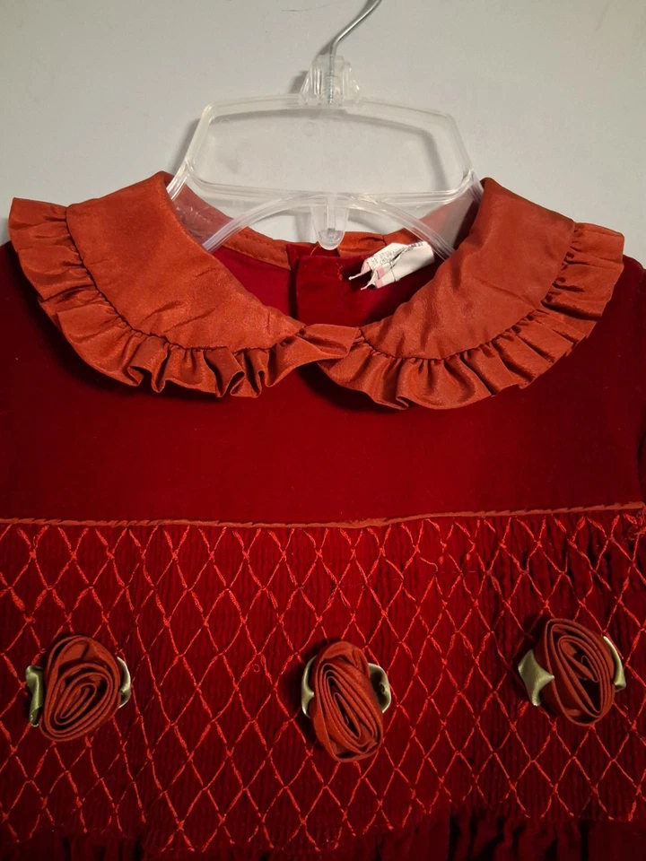 Velvet Burgundy Dress Smocked Roses  Girls Size 6 Vintage  Cottagecore - Image 3 of 4