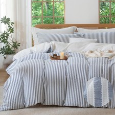 Queen 3pc Jacquard Striped Duvet Cover Set with Dual Zipper, Washed Cotton, Blue