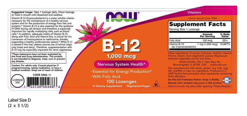 NOW Supplements - B-12 1.000 mcg 100 pastillas Foto 2 de 2