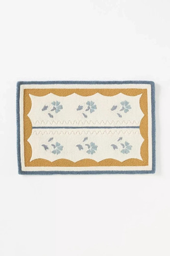 Tappeto trapuntato a mano lana viscosa floreale blu avorio bordo senape arredamento moderno - Foto 4 di 4