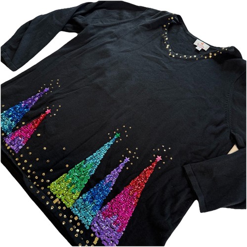 Quacker Factory Sequin Christmas Tree Holiday V Neck Pullover Sweater Size 2X