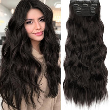 Clip in Synthetic Hair Extensions Long Wavy 4PCS Thick Hairpieces Dark Brown 6 