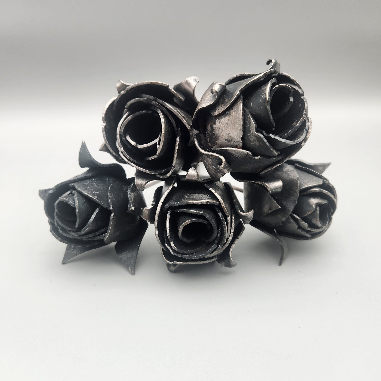 Bouquet (5) Hand Forged ROSES Iron Metal Brutalist  9" Tall ~ 5th Anniversary