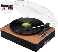 Retro Wooden Turntable with 3 Speed Vinyl Record Player, Built-In Stereo Speaker