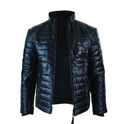 Men's Real Leather Quilted Puffer Jacket Genuine Lambskin Black Winter Jacket