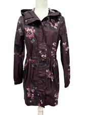 Joules Rain Coat Womens Us 2 Uk 6 Purple Floral Hooded Long Cinch Waist Outdoor