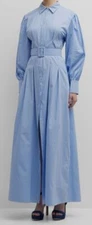 $695 CRIDA Milano Women's Blue Pleated A-Line Striped Maxi Shirt Dress Size 2