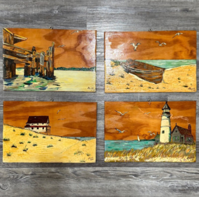 Set of 4 ~ Vintage 1985 Original Coastal ART Each 11.5x8'' Acrylic on Wood~Lovely