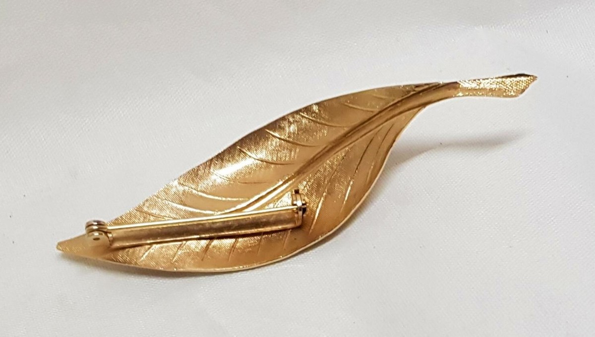 Broche Vintage Feuille Métal Doré Avec Cabochon Perle - Bon état - Bijou Ancien