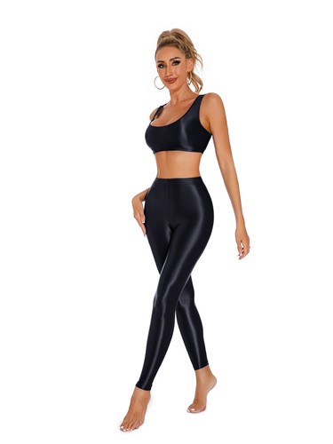 UK Women's Glossy Sleeveless Crop Top with High Waist Pants Yoga Gym Sports Set - Picture 97 of 108
