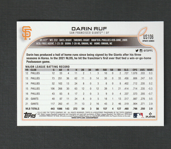 2022 Topps Update Darin Ruf Rainbow Foil #US106 San Francisco Giants | eBay