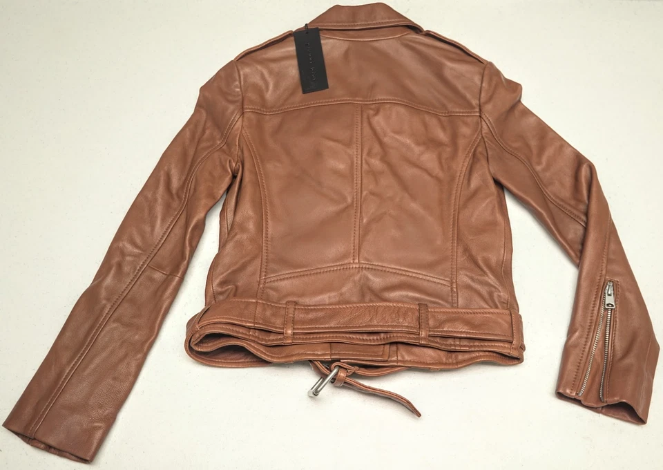 Chaqueta de Moto Gianni Bini Cuero Tostado Coñac Cuero Genuino Cinturón Cremallera $349 Foto 3 de 4