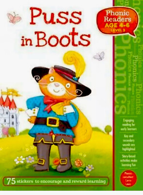Puss In Boots Phonics Readers  Age 4-6, Level 3 Includes 75 Stickers - New