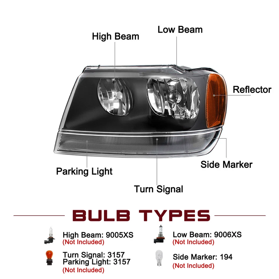 For 1999-2004 Jeep Grand Cherokee Black Headlights Lamp Pair Front Left + Right - Image 2 of 4