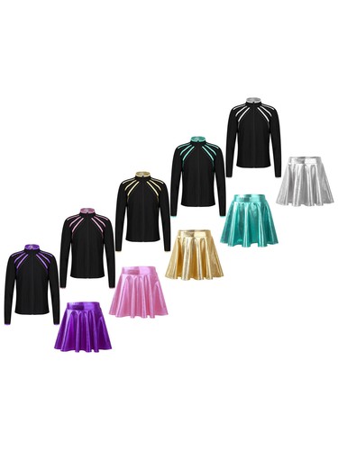 Kids Girls Costume Dance Dancewear Shiny Outfits Top Skirt A-Line Jacket Soft - Picture 2 of 60