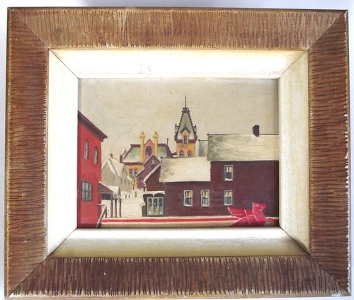 Antique NEW ENGLAND Folk Art TOWN SCENE Mobil Gas PEGASUS Primitive Painting VTG