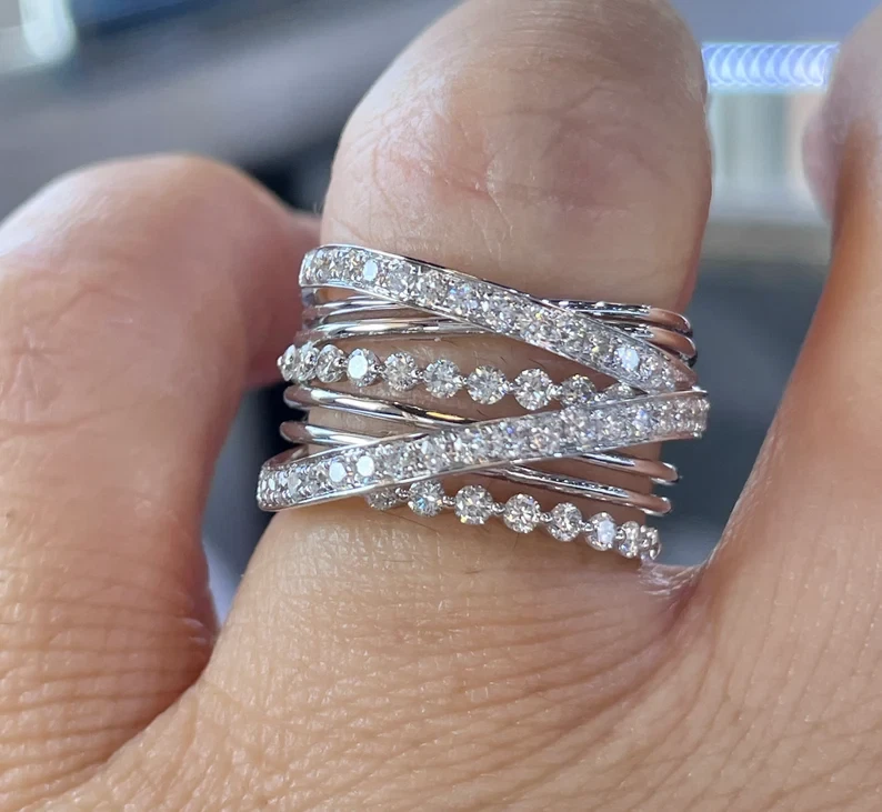 Crossover Statement Ring Moissanite Highway Ring Criss Cross Ring Multi Row Ring