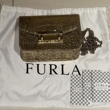 FURLA Metropolis Shoulder Bag Chain Glitter Gold Women Preowned From Japan