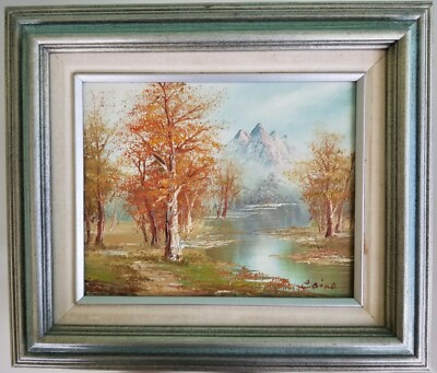 Vintage Signed Oil Painting Landscape Mountains River Silver