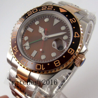 Rose Gold GMT Men's Watch 40mm Sapphire Crystal Brown Dial Date 316L Bracelet 