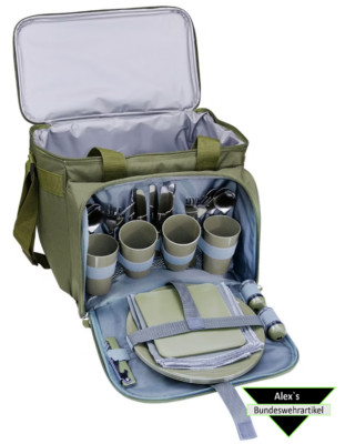 Picknick Kühltasche Camping für 4 Personen Geschirr Besteck oliv Outdoor Neu 01