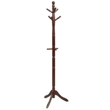 Free Standing Coat Rack Wooden Hall Tree 2 Adjustable Height with 9 Hooks Brown