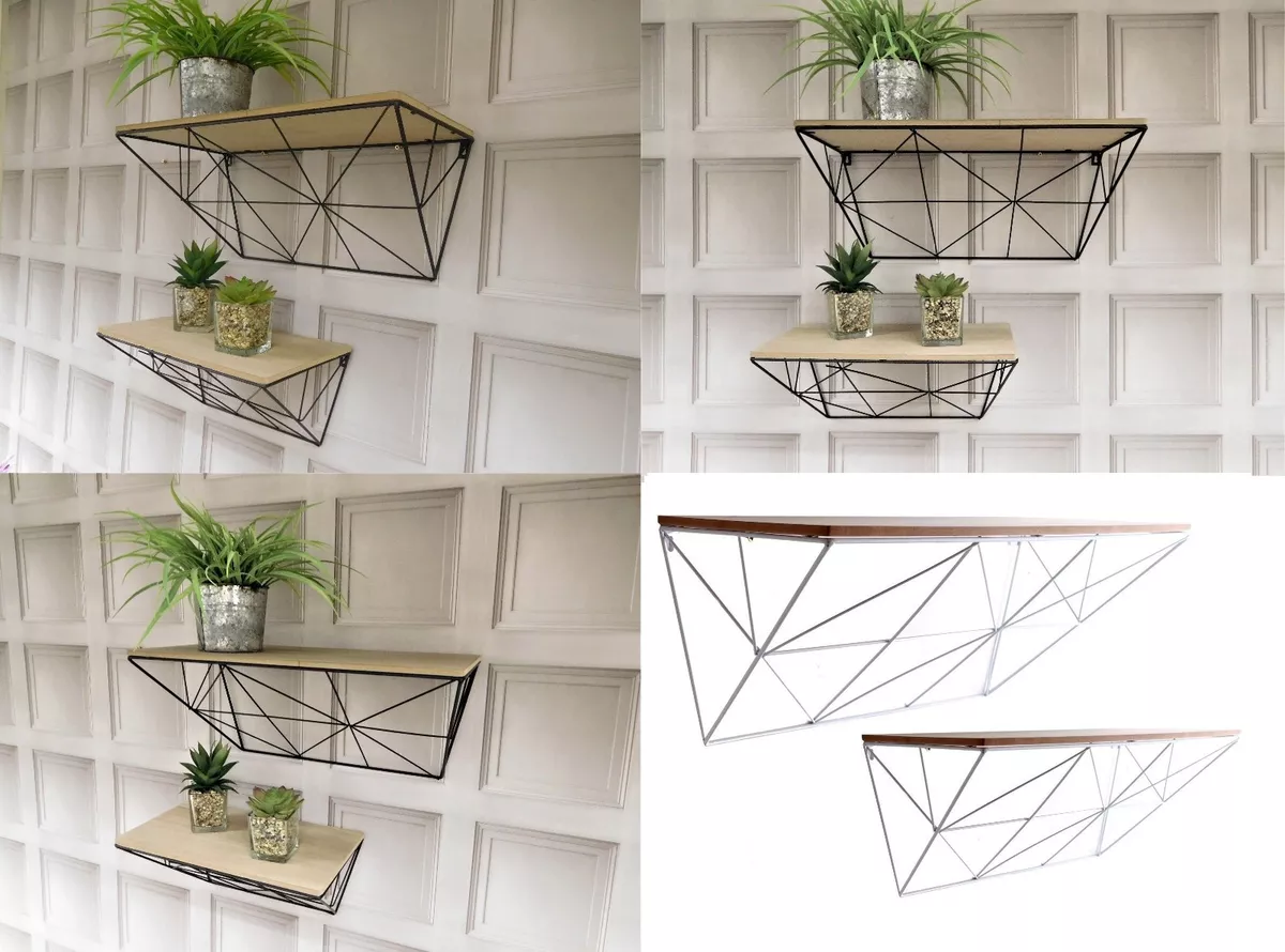 METAL WIRE WALL MOUNTED SHELF WOODEN FRAME RACK DISPLAY SHELVES UNIT STORAGE