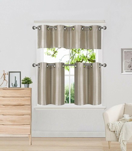 3 Stück Kunstseide Ösen Gefüttert Thermo Verdunkelung Küche Fenster Vorhang Set - Bild 22 von 26