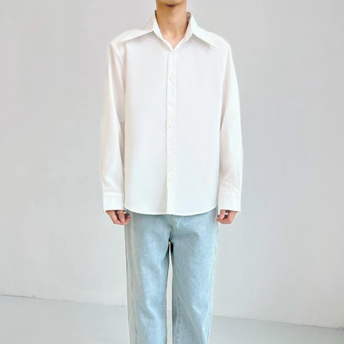 Men's Draping Large Pointy Collar Loose Stylish French White Long-Sleeved Shirts - Picture 8 of 11