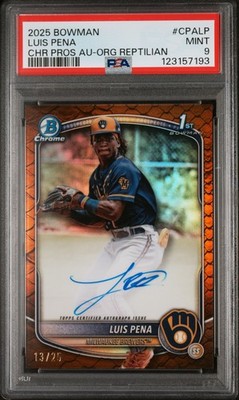 2025 Bowman Chrome Luis Pena 1st Auto #CPALP Orange Reptilian /25 PSA 9