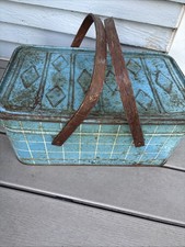 Vintage BLUE Metal Tin Windowpane Plaid Picnic Basket HINGED LID & Wood Handles!