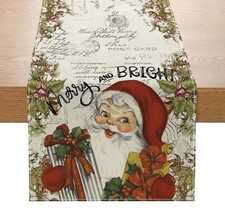 Vintage Christmas Santa Claus Table Runner 13X72 Inch Merry and Bright Poinsetti