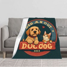 Cozy Flannel Blanket with Dog  Cat Design Soft Warm Throw for Sofa Travel Bed