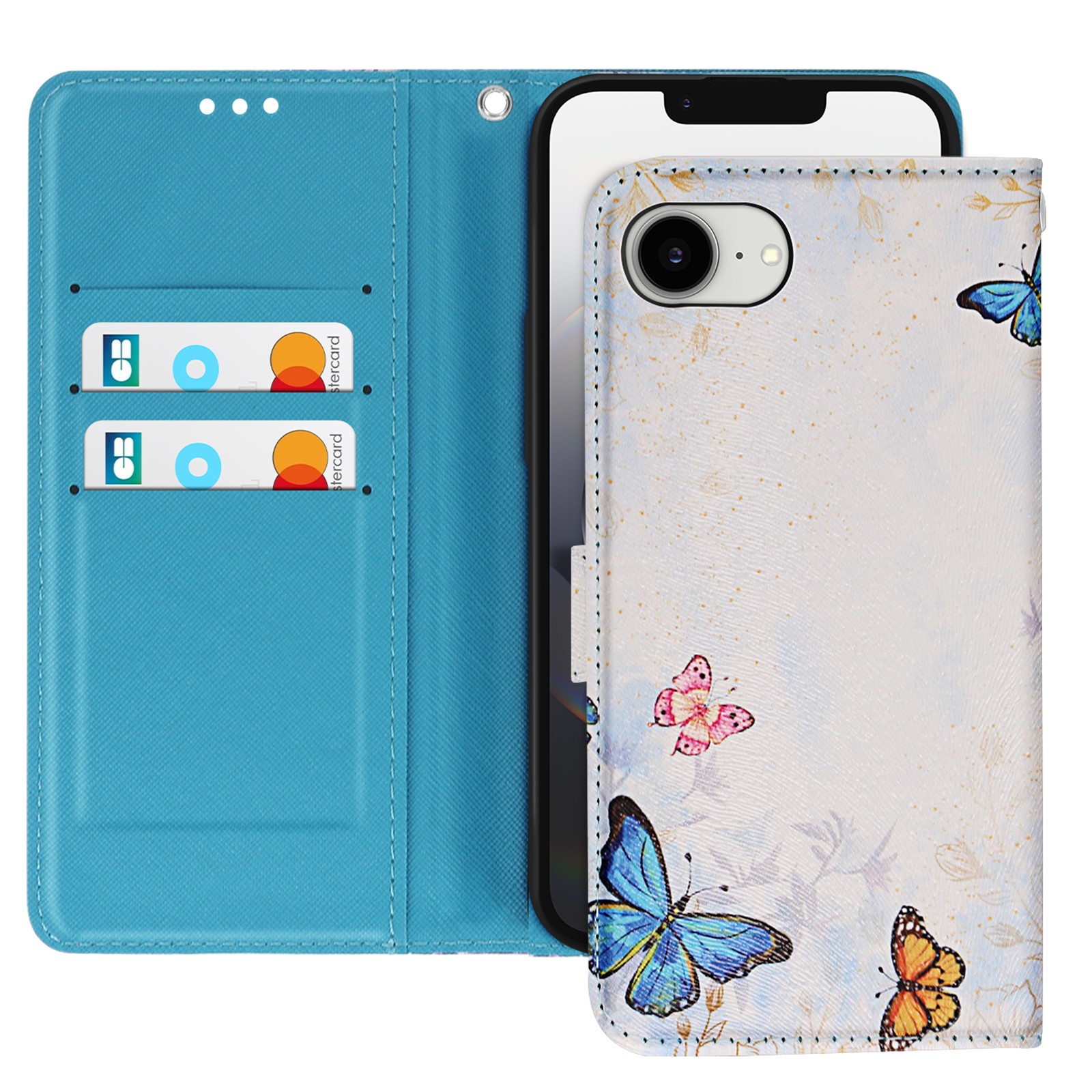 Coque iPhone 16e antichoc étui portefeuille avec porte carte et sangle papillon