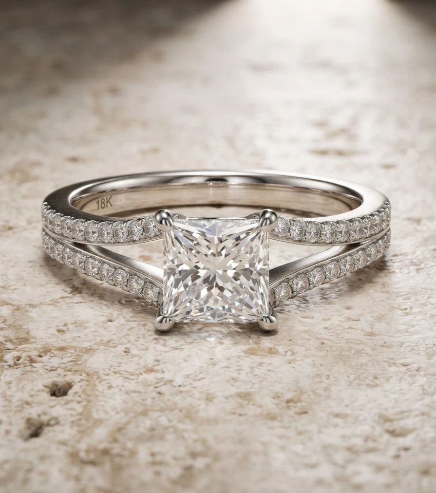3.00 Ct Princess Cut Natural Diamond Bridal Gift Ring 18K Solid White Gold - Image 1 of 4