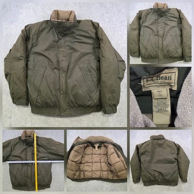 LL Bean Jacket Mens LT Green Down Puffer Bomber Full Zip Elastic Hem