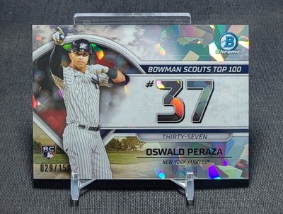 Oswald Peraza Atomic Refractor /150 Top 100 Rookie 2023 Bowman Card #37 Yankees