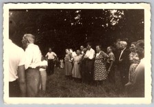 Vtg B&W Snapshot Large Group People Gathering Outdoors Woods 1940s