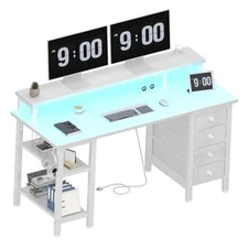  White Desk with Monitor Stand LED Lights and Power Outlets, 47 inch Home 