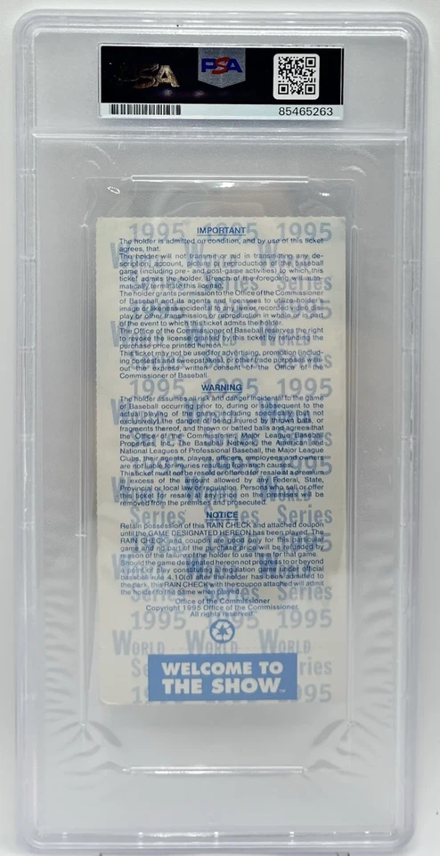 Tom Glavine & David Justice Signed 1995 World Series Game 1 Ticket Stub PSA 10 - Image 3 of 3