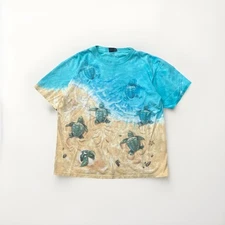 Vintage 1996 Liquid Blue Sea Turtle T Shirt Mens Beach Ocean Shells AOP L 90s