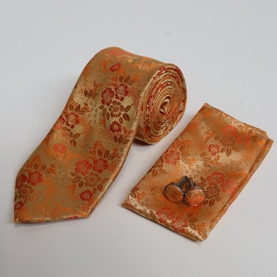 Orange Blumenmuster Seidenkrawatte Tasche quadratisch Taschentuch & Manschettenknöpfe Set