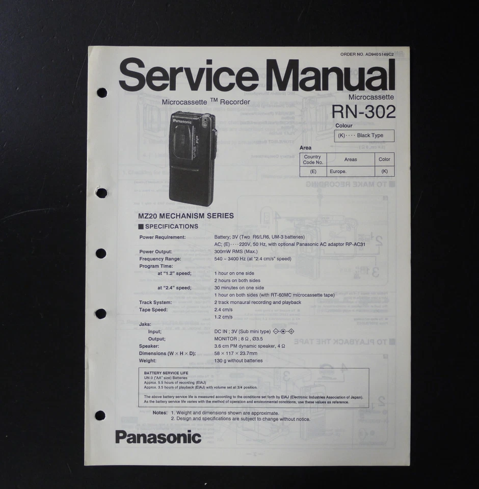 Original PANASONIC RN-302 Microcassette Recorder /Service Manual S35 - Bild 1 von 1