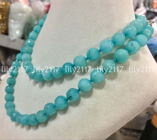 Natural 8mm Blue Faceted Aquamarine Gemstone round beads necklace 35" AAA - Picture 3 of 3