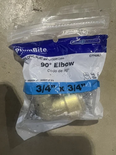 Jones Stephens C77426LF 3/4" PlumBite Push On 90 Degrees Elbow - Brass - Picture 1 of 3