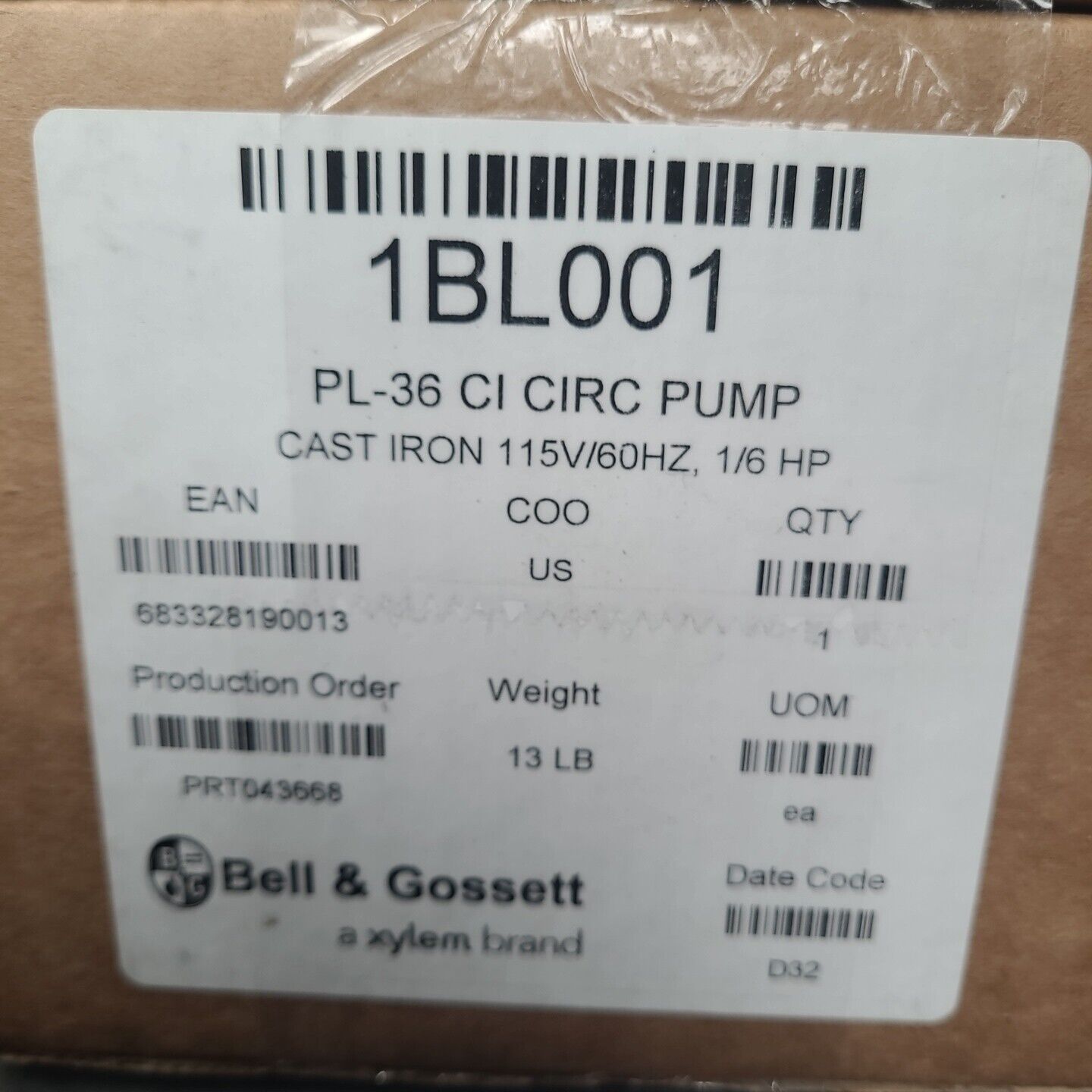 BELL & GOSSETT 1BL001, PL-36 1 6HP Booster Circulating Pump NOS NIB