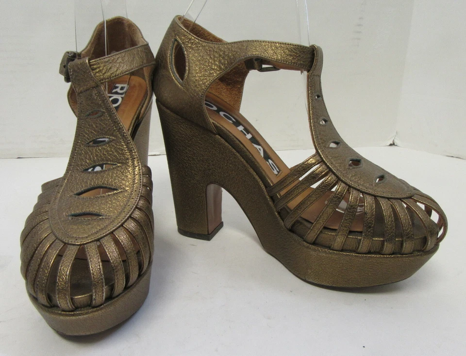 Sandalias de tacón ROCHAS metálicas de cuero granulado dorado con plataforma enjaulada talla 38 Foto 2 de 4
