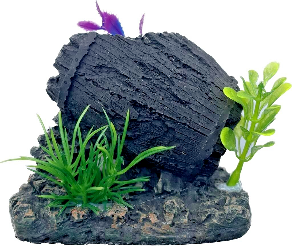 Wooden Barrel with Green Plants Aquarium Resin Ornament Terrarium Decoration